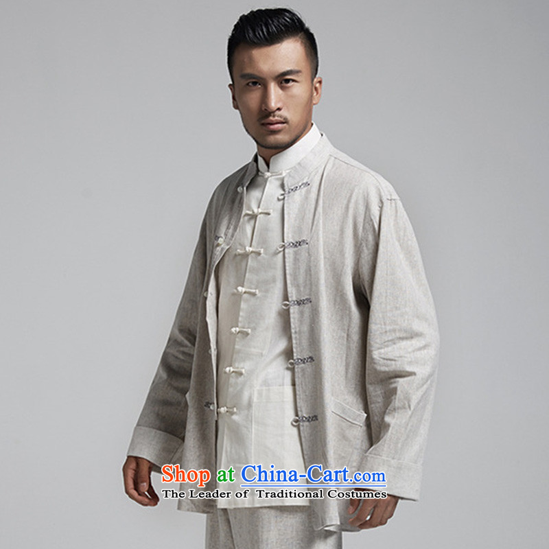 Fudo de Tang dynasty linen plain rowdy men long-sleeved top Chinese leisure jacket embroidered original China wind spring and autumn 2015 men's light gray XXXL, de fudo shopping on the Internet has been pressed.