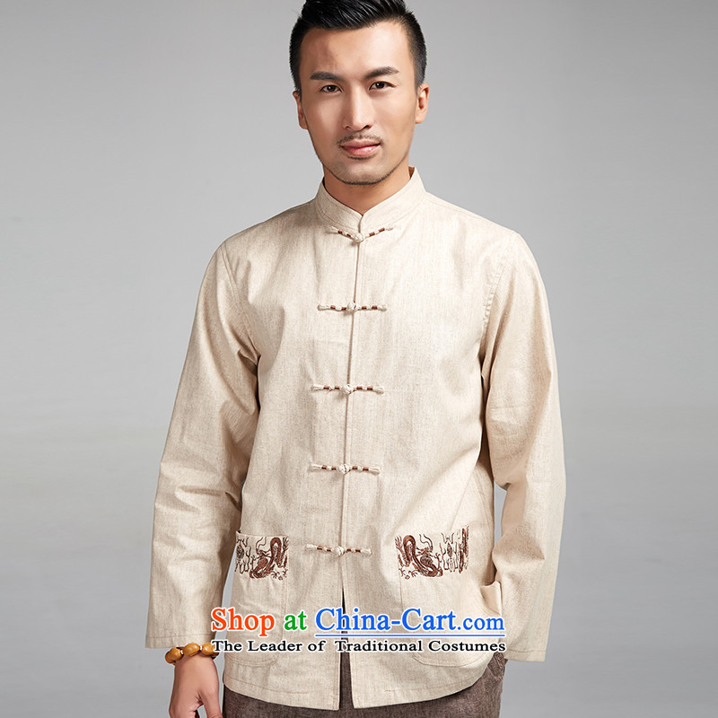 De Fudo Houze cotton linen Men's Shirt Tang Dynasty Chinese spring and autumn, forming the Netherlands winding embroidery China wind of men from the spring and autumn beige XXXL, 2015 de fudo shopping on the Internet has been pressed.