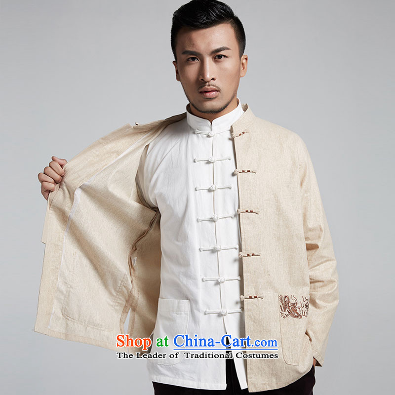 De Fudo Houze cotton linen Men's Shirt Tang Dynasty Chinese spring and autumn, forming the Netherlands winding embroidery China wind of men from the spring and autumn beige XXXL, 2015 de fudo shopping on the Internet has been pressed.