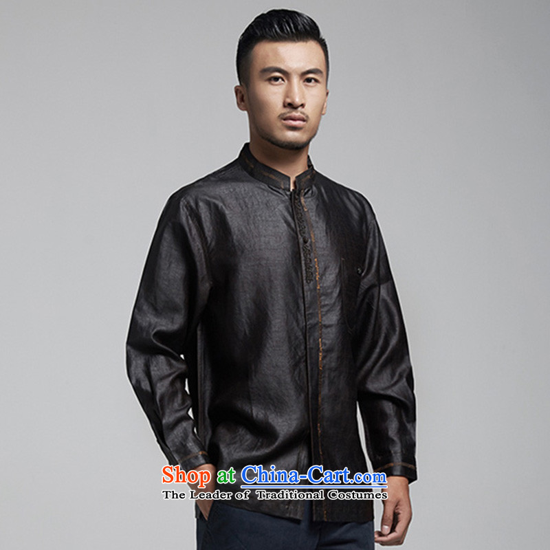 Fudo Nga Road, silk Tang dynasty men's shirts, cloud of incense long sleeves stereo embroidery China wind men in spring and autumn 2015 Black 46/L, de fudo shopping on the Internet has been pressed.