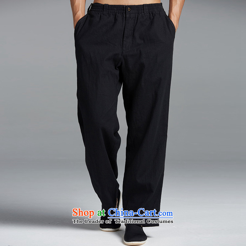 Fudo dominates electricity de cotton linen Tang Dynasty Chinese elastic waist trousers and chic embroidery China wind summer comfortable black , L'Fudo shopping on the Internet has been pressed.