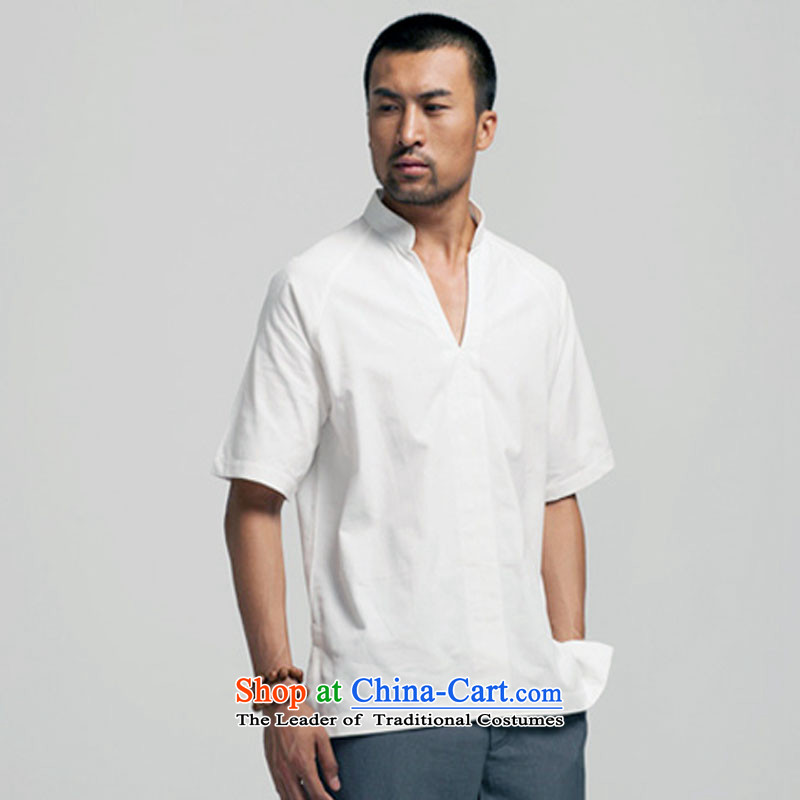 Fudo daughter of de pure cotton muslin Mock-neck Tang dynasty male short-sleeved Chinese pullovers China wind men  2015 Summer White M de fudo shopping on the Internet has been pressed.
