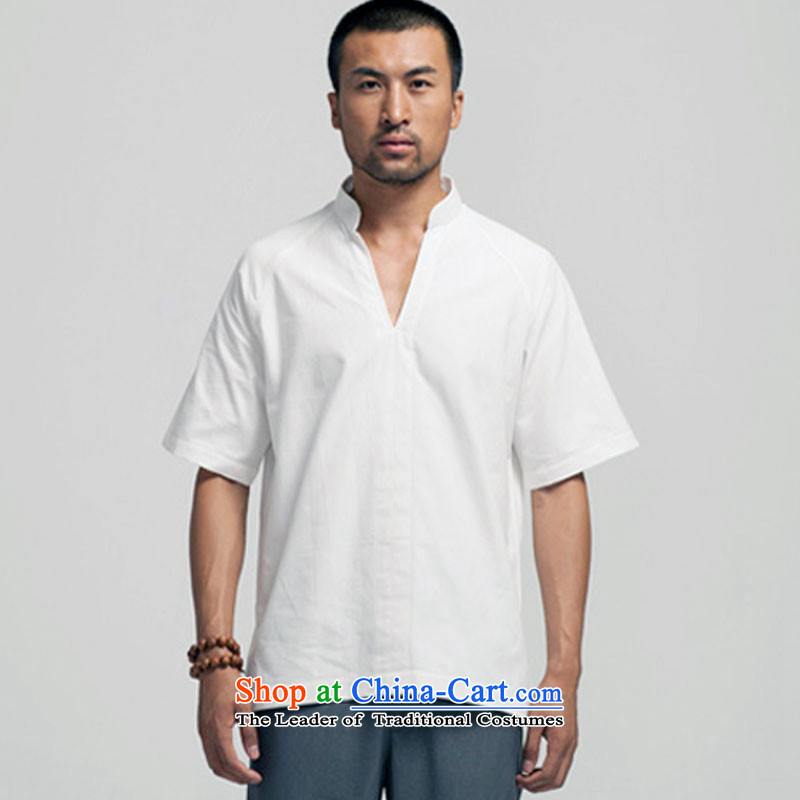Fudo daughter of de pure cotton muslin Mock-neck Tang dynasty male short-sleeved Chinese pullovers China wind men  2015 Summer White M de fudo shopping on the Internet has been pressed.
