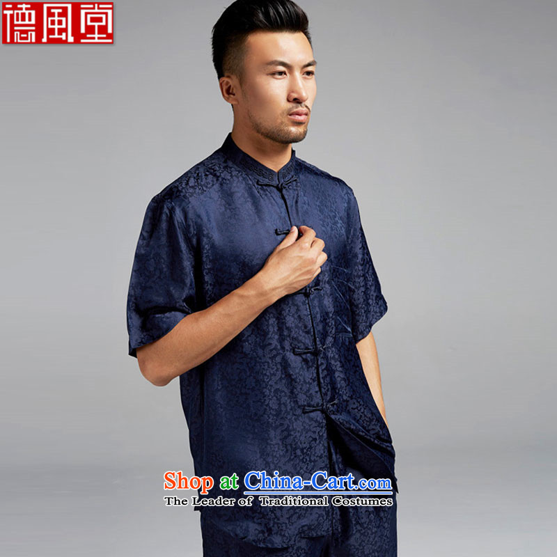 Fudo de Xinghe Silk Tang Dynasty Chinese Disc short-sleeved detained men's shirt collar Soo-China wind 2015 Summer Dark Blue XL