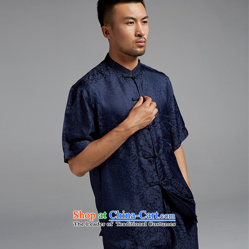 Fudo de Xinghe Silk Tang Dynasty Chinese Disc short-sleeved detained men's shirt collar Soo-China wind 2015 Summer Dark Blue XL, de fudo shopping on the Internet has been pressed.