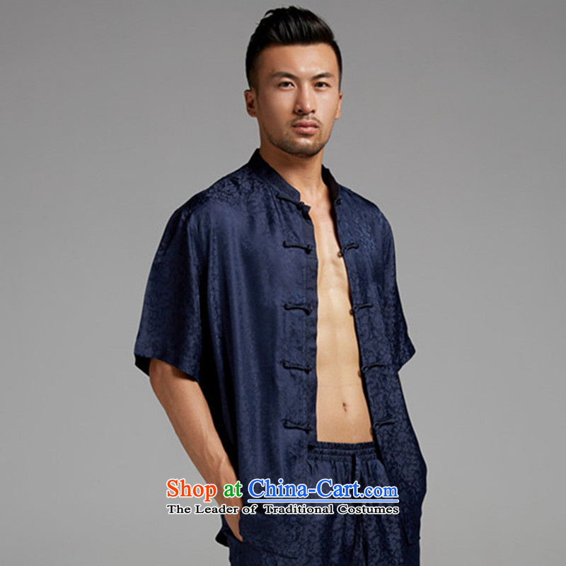 Fudo de Xinghe Silk Tang Dynasty Chinese Disc short-sleeved detained men's shirt collar Soo-China wind 2015 Summer Dark Blue XL, de fudo shopping on the Internet has been pressed.