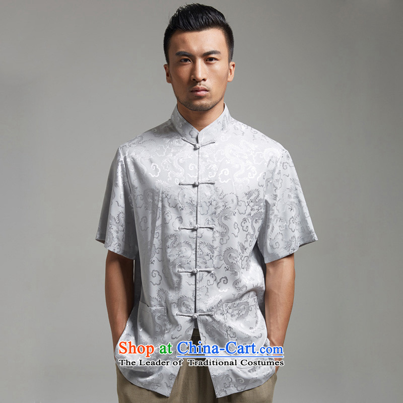 Fudo de Canada embroidered dragon short-sleeved Tang dynasty 2015 new summer of Chinese ethnic men light gray XXL, de fudo shopping on the Internet has been pressed.