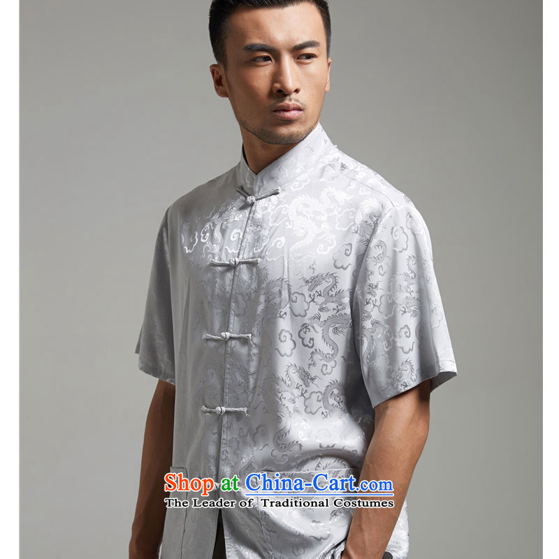 Fudo de Canada embroidered dragon short-sleeved Tang dynasty 2015 new summer of Chinese ethnic men light gray XXL, de fudo shopping on the Internet has been pressed.