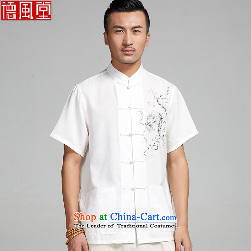 Fudo ink-LUNG TAK cotton linen hand-painted Tang dynasty male short-sleeved shirts in the summer of 2015, the Chinese nation leisure China wind white 4XL/185, de fudo shopping on the Internet has been pressed.
