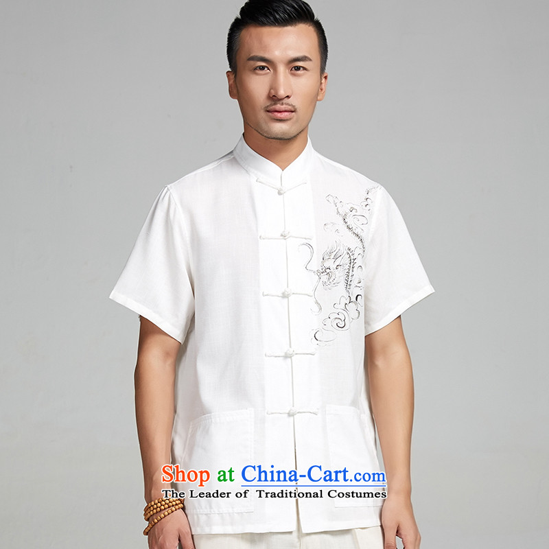 Fudo ink-LUNG TAK cotton linen hand-painted Tang dynasty male short-sleeved shirts in the summer of 2015, the Chinese nation leisure China wind white 4XL/185, de fudo shopping on the Internet has been pressed.