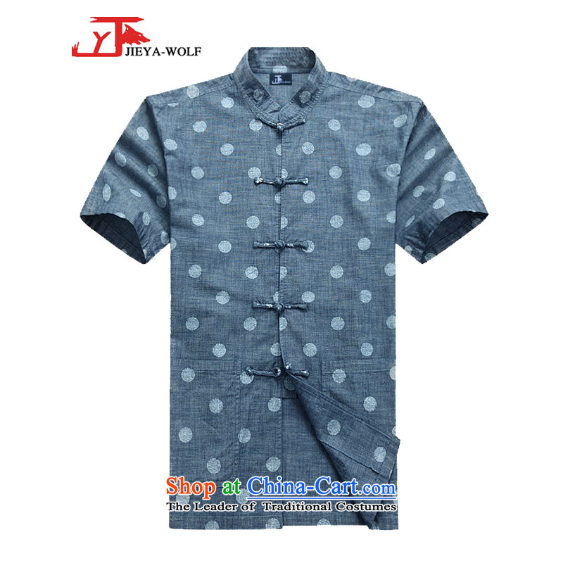 - Wolf JIEYA-WOLF, Tang dynasty men's cotton linen short-sleeved T-shirt dot shirts summer minimalist China Wind, men loaded聽190_XXXL Denim blue