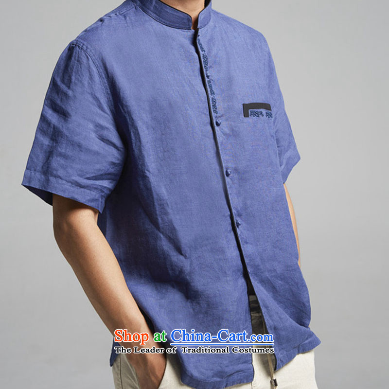 Fudo San-ching Tak linen collar men Tang dynasty 2015 summer short-sleeved China wind Chinese clothing dark blue XXXL, de fudo shopping on the Internet has been pressed.