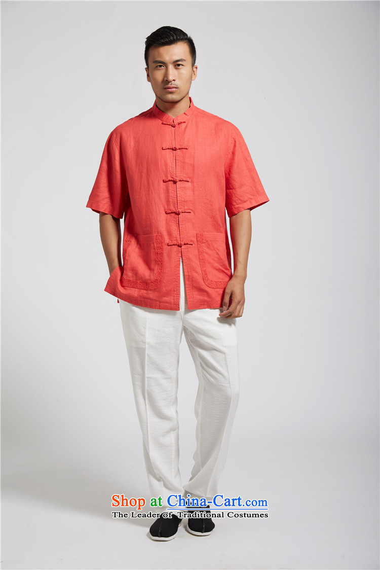 De Fudo upwind 2015 men's replace embroidery linen Tang Dynasty Chinese short-sleeved shirt of ethnic Chinese clothing light red XXXL picture, prices, brand platters! The elections are supplied in the national character of distribution, so action, buy now enjoy more preferential! As soon as possible.