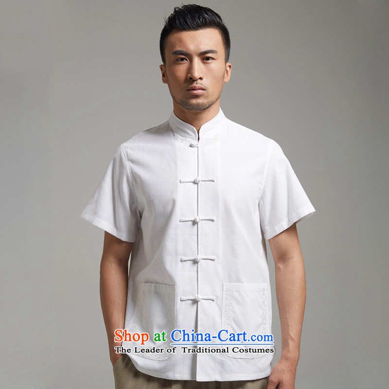 De Fudo High Energy 2015 Cotton Men Tang dynasty short-sleeved shirt with tie up Chinese embroidery chic facade Chinese clothing white 4XL, de fudo shopping on the Internet has been pressed.