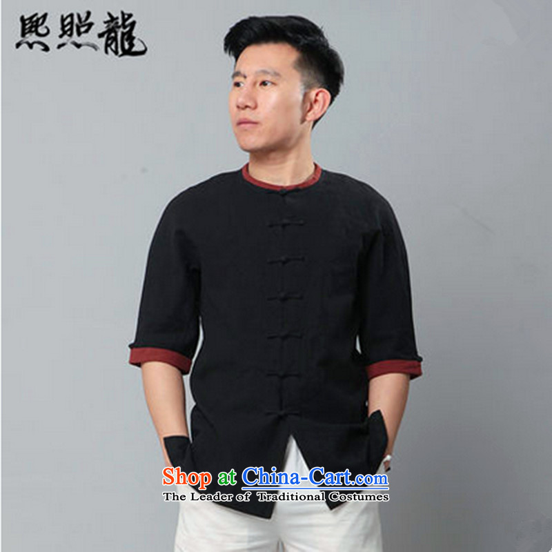 Hee-snapshot lung classic New Tang dynasty male short-sleeved knocked color round-neck collar short-sleeved shirt cotton linen china wind carbon S, Hee-snapshot (XZAOLONG lung) , , , shopping on the Internet