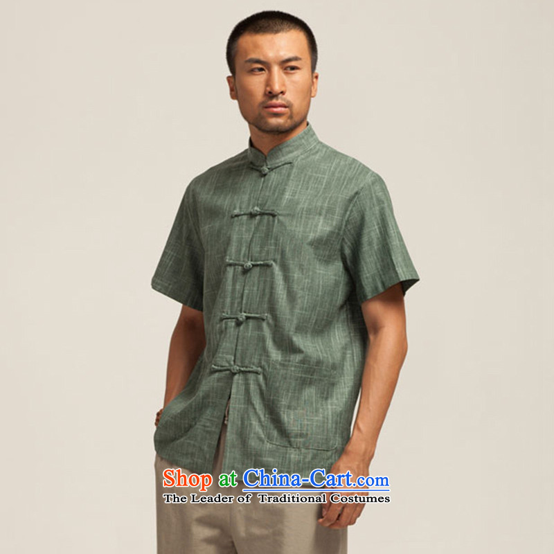 De Fudo green fields 2015 Tang dynasty linen male short-sleeved shirt manually disk summer Chinese Tie China wind men Chinese clothing dark green , L'Fudo shopping on the Internet has been pressed.