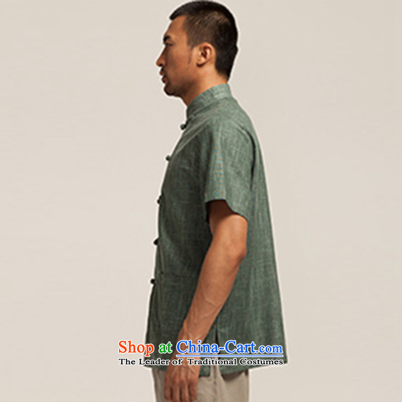 De Fudo green fields 2015 Tang dynasty linen male short-sleeved shirt manually disk summer Chinese Tie China wind men Chinese clothing dark green , L'Fudo shopping on the Internet has been pressed.