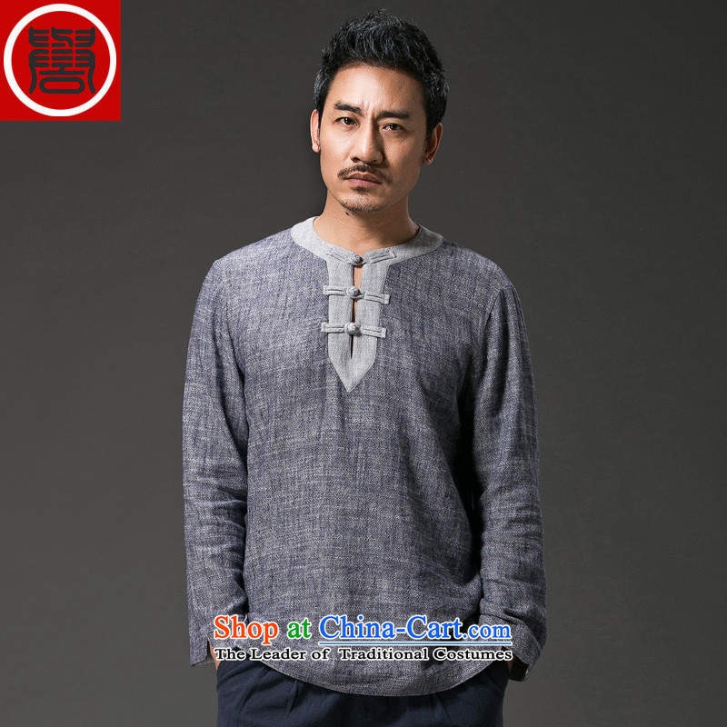 Renowned China wind Men's Shirt long-sleeved T-shirt with round collar disc detained Tang dynasty linen round-neck collar compassionate leisure retro Men's Shirt Han-Dark gray large (XL), renowned (CHIYU) , , , shopping on the Internet