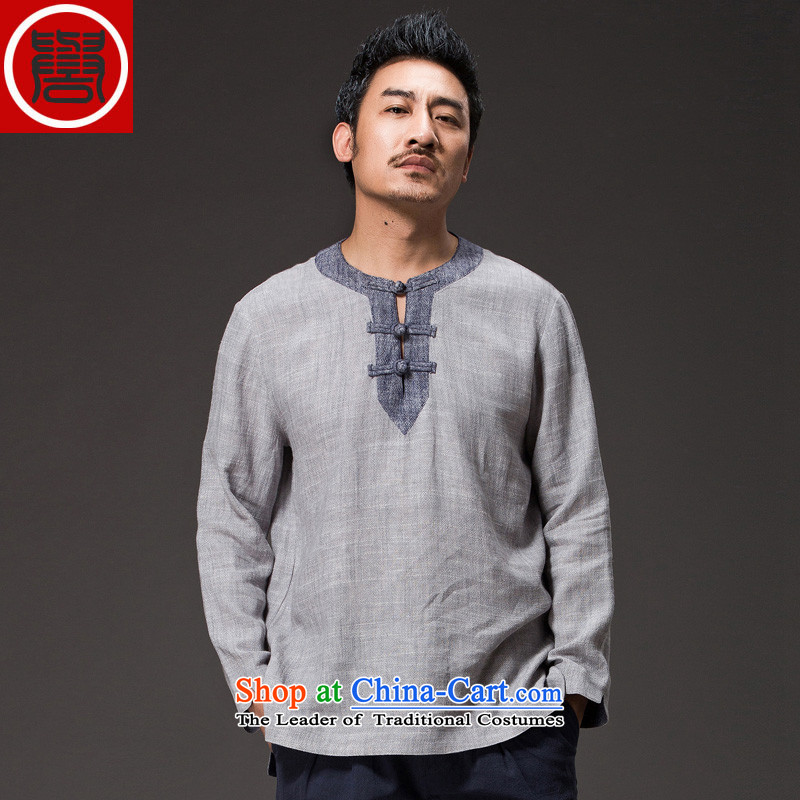 Renowned China wind Men's Shirt long-sleeved T-shirt with round collar disc detained Tang dynasty linen round-neck collar compassionate leisure retro Men's Shirt Han-Dark gray large (XL), renowned (CHIYU) , , , shopping on the Internet