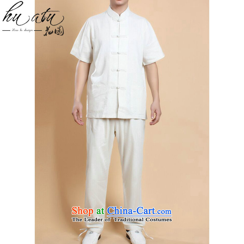 Figure for summer flowers New Men Tang Dynasty Chinese shirt national men will Kung Fu Tang dynasty cotton linen clothes short-sleeve packaged all White Kit 3XL, floral shopping on the Internet has been pressed.