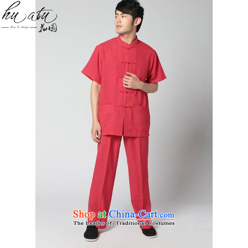 Figure for summer flowers new men short-sleeved Tang Dynasty Taiji Kungfu shirt 4.5-60s service the sandbag soft cotton linen satin short-sleeve packaged wine red kit XL, floral shopping on the Internet has been pressed.