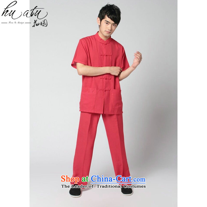 Figure for summer flowers new men short-sleeved Tang Dynasty Taiji Kungfu shirt 4.5-60s service the sandbag soft cotton linen satin short-sleeve packaged wine red kit XL, floral shopping on the Internet has been pressed.