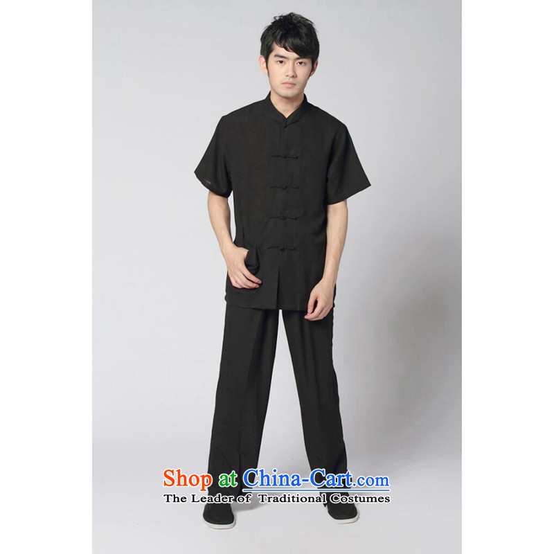 Floral Short-Sleeve Men Tang dynasty summer new Chinese collar Taegeuk services cotton linen solid color shirt comfort kit kung fu black 3XL, floral shopping on the Internet has been pressed.