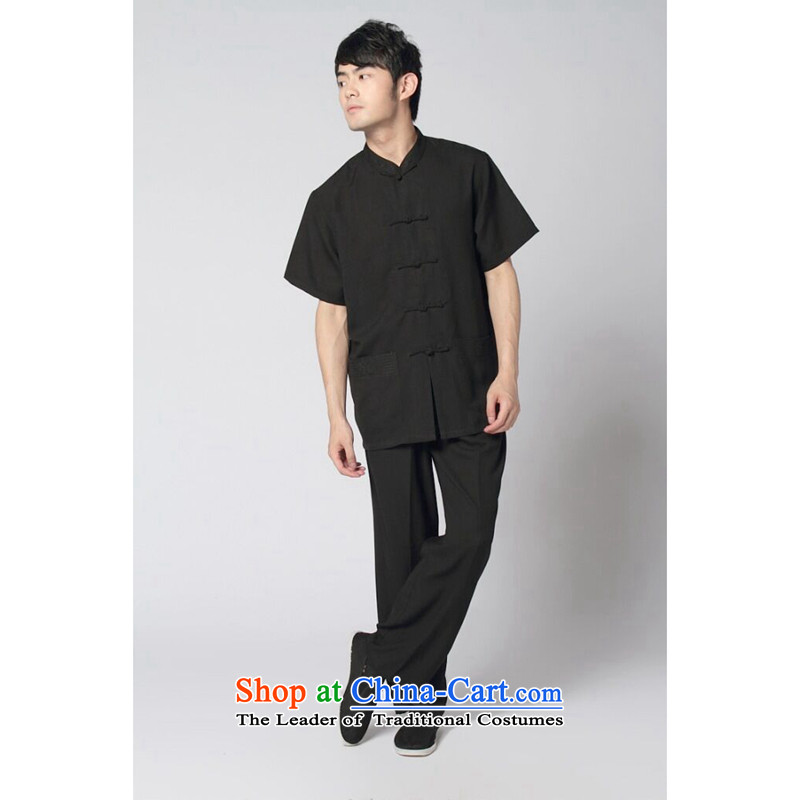 Floral Short-Sleeve Men Tang dynasty summer new Chinese collar Taegeuk services cotton linen solid color shirt comfort kit kung fu black 3XL, floral shopping on the Internet has been pressed.