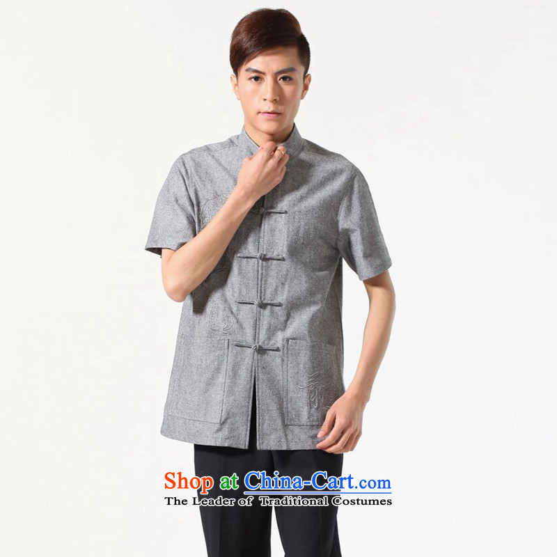 Figure for summer flowers new men short-sleeved Tang Dynasty Chinese Mock-Neck Shirt cotton linen embroidered dragon pure color breathable men and Tang dynasty -A dark XL, floral shopping on the Internet has been pressed.
