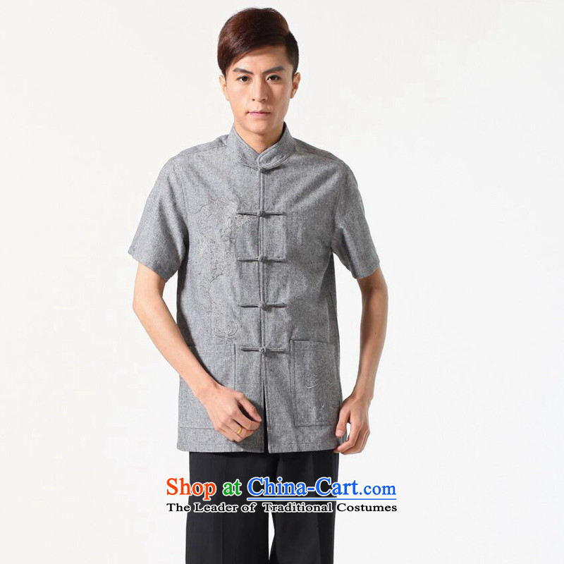 Figure for summer flowers new men short-sleeved Tang Dynasty Chinese Mock-Neck Shirt cotton linen embroidered dragon pure color breathable men and Tang dynasty -A dark XL, floral shopping on the Internet has been pressed.