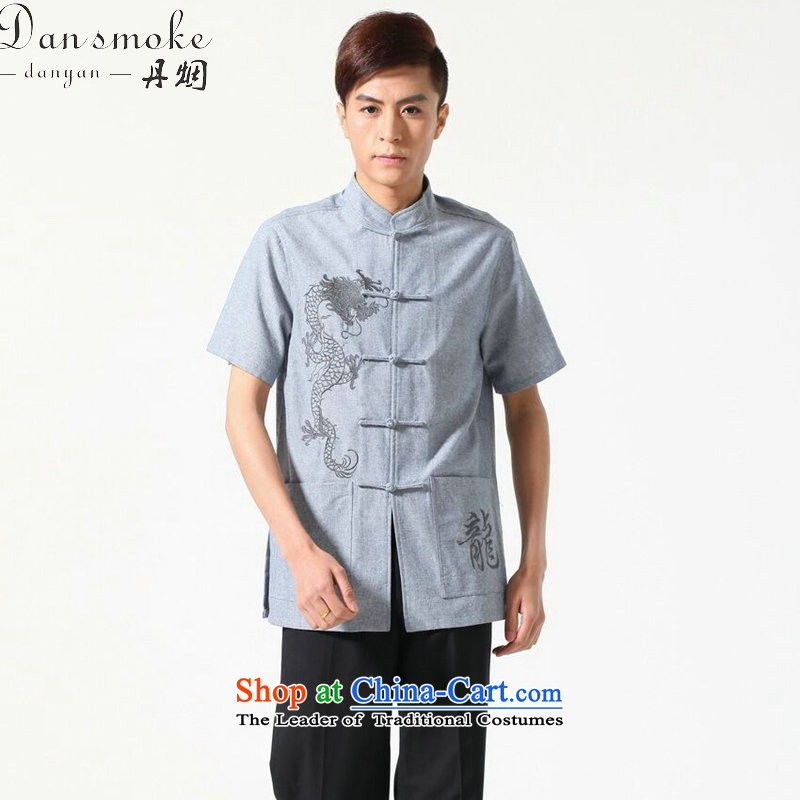 Dan smoke summer new men short-sleeved Tang Dynasty Chinese Mock-Neck Shirt cotton linen embroidery dragon pure color breathable original male Tang dynasty 2XL, light bin Laden Smoke , , , shopping on the Internet