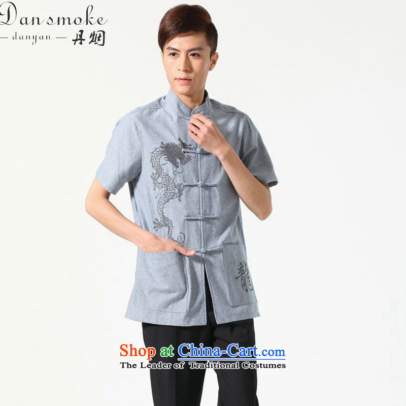 Dan smoke summer new men short-sleeved Tang Dynasty Chinese Mock-Neck Shirt cotton linen embroidery dragon pure color breathable original male Tang dynasty 2XL, light bin Laden Smoke , , , shopping on the Internet