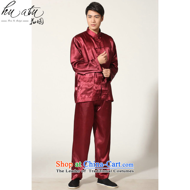 Floral men Tang Gown damask Taiji Kungfu Chinese shirt serving ethnic collar long-sleeved comfortable trousers men kit magenta?M