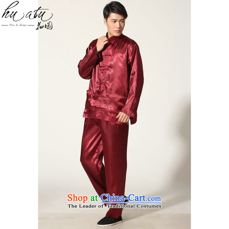 Floral men Tang Gown damask Taiji Kungfu Chinese shirt serving ethnic collar long-sleeved comfortable trousers men kit magenta M, floral shopping on the Internet has been pressed.