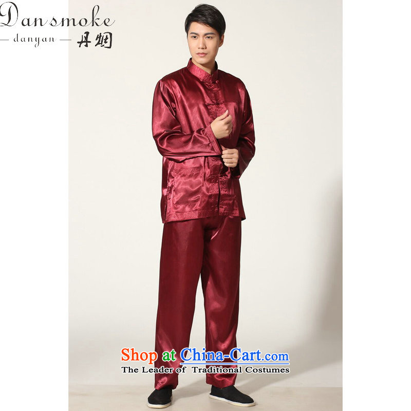 Dan smoke men Tang Gown damask Tai Chi Kung Fu Chinese shirt serving ethnic collar long-sleeved comfortable trousers men kit magenta M Dan Smoke , , , shopping on the Internet