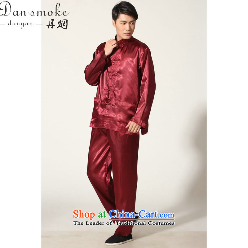 Dan smoke men Tang Gown damask Tai Chi Kung Fu Chinese shirt serving ethnic collar long-sleeved comfortable trousers men kit magenta M Dan Smoke , , , shopping on the Internet