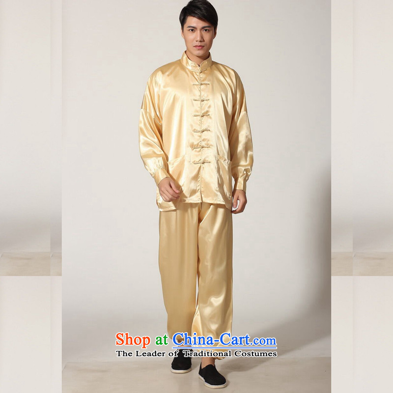 Floral men new Tang Dynasty Chinese improved Mock-neck damask Taegeuk services for pure color badges of long-sleeved shirt kung fu kit -D gold floral XXL, shopping on the Internet has been pressed.