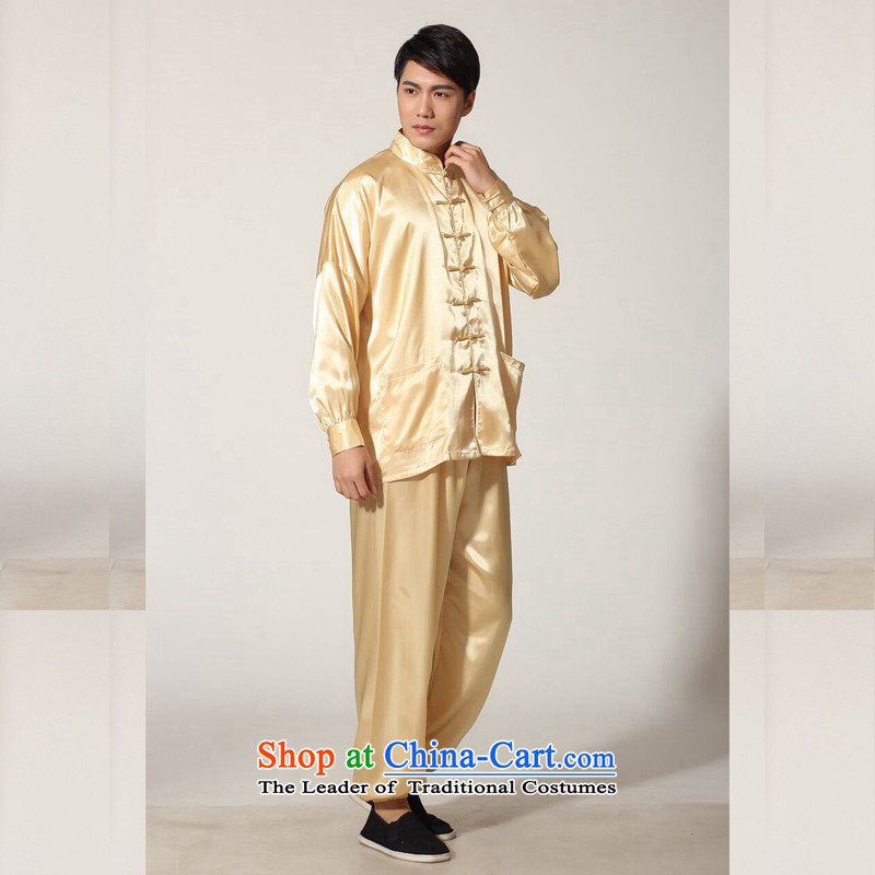Floral men new Tang Dynasty Chinese improved Mock-neck damask Taegeuk services for pure color badges of long-sleeved shirt kung fu kit -D gold floral XXL, shopping on the Internet has been pressed.