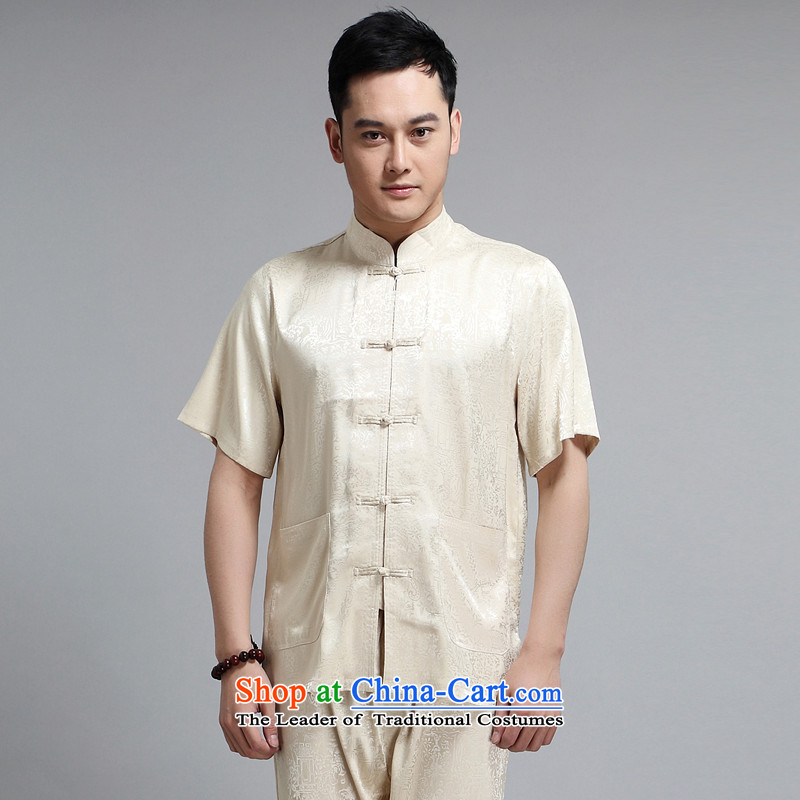 With the Chinese Tang dynasty men's short-sleeved along the River During the Qingming Festival  summer men Tang Dynasty Men's Mock-Neck leisure in Tang Dynasty older short-sleeved Tang dynasty male m Yellow kit with XL, Monogatari (wuyouwuyu) , , , shoppi