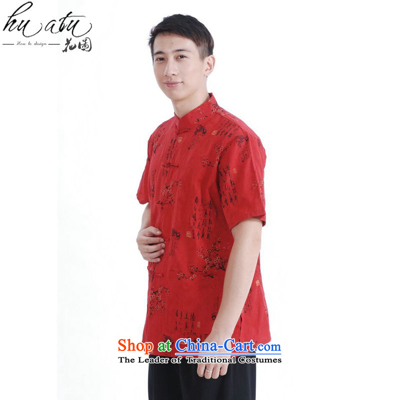 Figure for summer flowers new men's short-sleeved Tang Dynasty Chinese collar disc detained men's finest cotton men short-sleeved T-shirts M0023 Tang red , L, floral shopping on the Internet has been pressed.