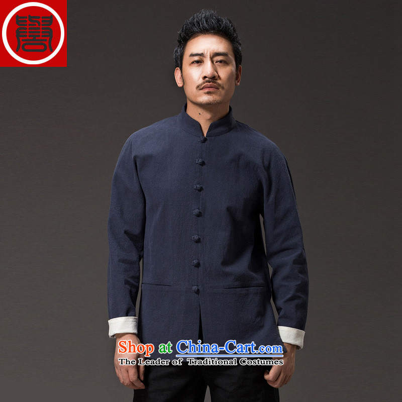 The spring and autumn of 2015, renowned Tang Dynasty men linen solid color long-sleeved loose China wind men's jackets and disc buttoned, ethnic blueL
