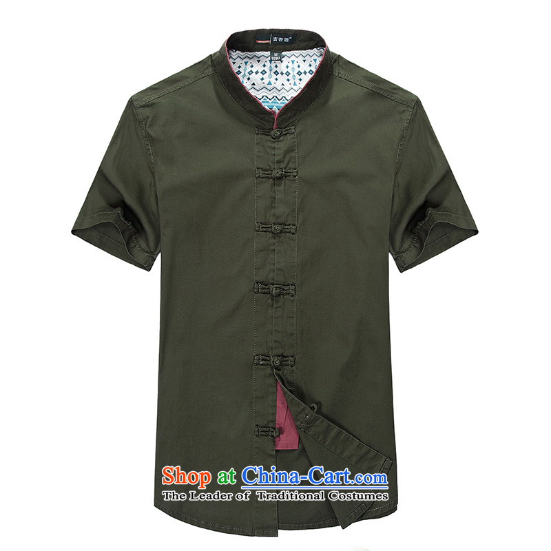 Jeep shield outdoor leisure men's short-sleeved shirt pure cotton Chinese Disc detained men? B9713 Tang dynasty shirt?army green?L