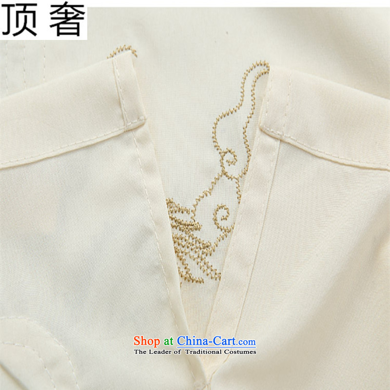 Top Luxury Tang Dynasty Package beige 2015 new summer short-sleeved men Tang dynasty short-sleeved blouses Tang men men short-sleeved shirt dragon embroidery leisure wears beige coat 185 top luxury shopping on the Internet has been pressed.