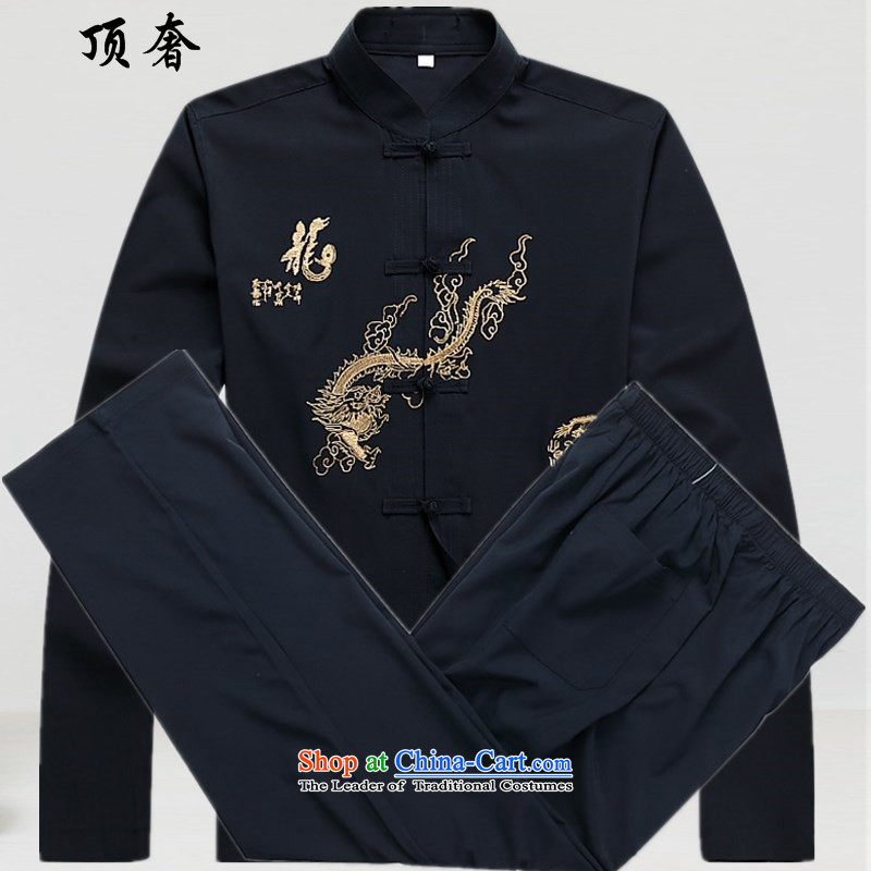 Top Luxury Chinese tunic long-sleeved 2015 new men _, Tang Dynasty Older long-sleeved XL ethnic Han-Menswear Tang Dynasty Chinese dragon father boxed packaged deep blue聽170
