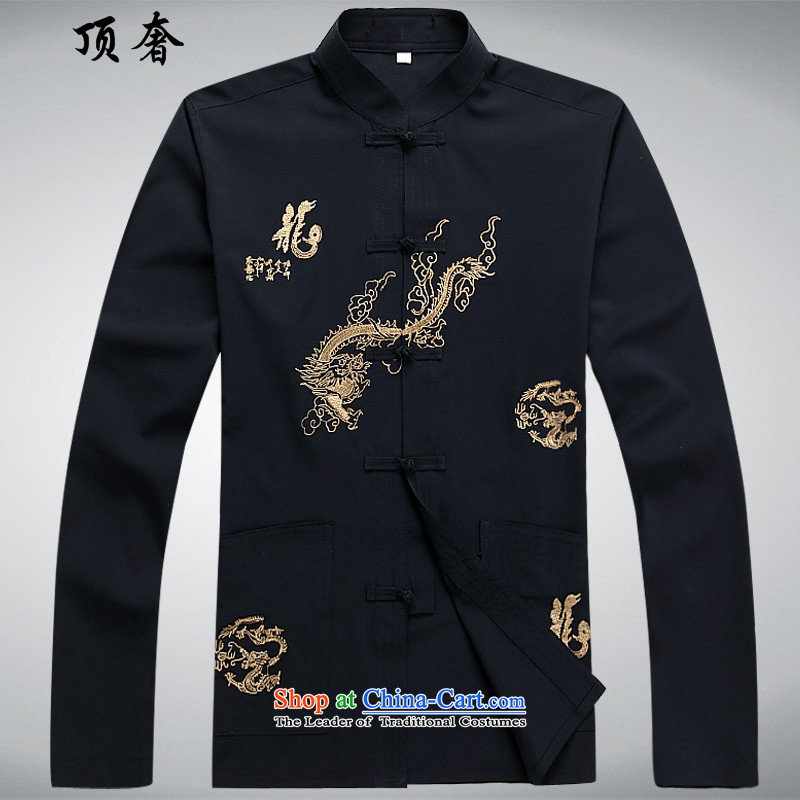 Top Luxury Chinese tunic long-sleeved 2015 new men ), Tang Dynasty Older long-sleeved XL ethnic Han-Menswear Tang Dynasty Chinese dragon father replacing Dark Blue Kit 170, the top luxury shopping on the Internet has been pressed.