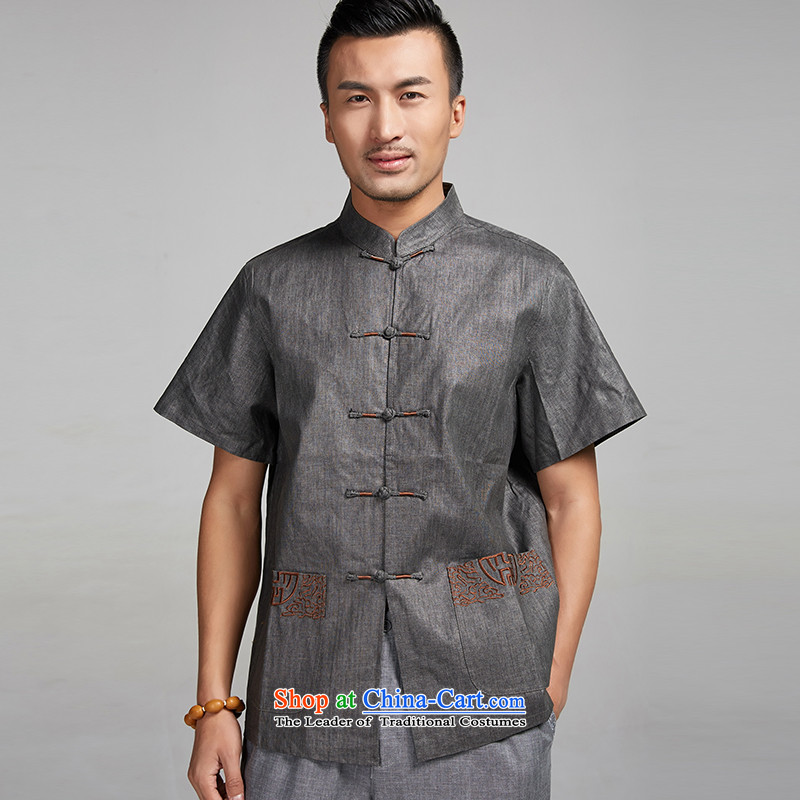 Fudo Sui-taek de 2015 linen embroidery Tang dynasty male summer short-sleeved shirt China wind men Chinese clothing dark gray XXL, de fudo shopping on the Internet has been pressed.