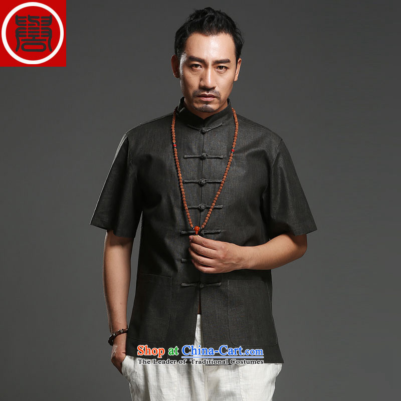 Renowned China wind men cotton linen short-sleeved Tang dynasty improved Tang Dynasty Chinese men of pure colors of ethnic summer blouses light gray large (175), renowned (CHIYU) , , , shopping on the Internet