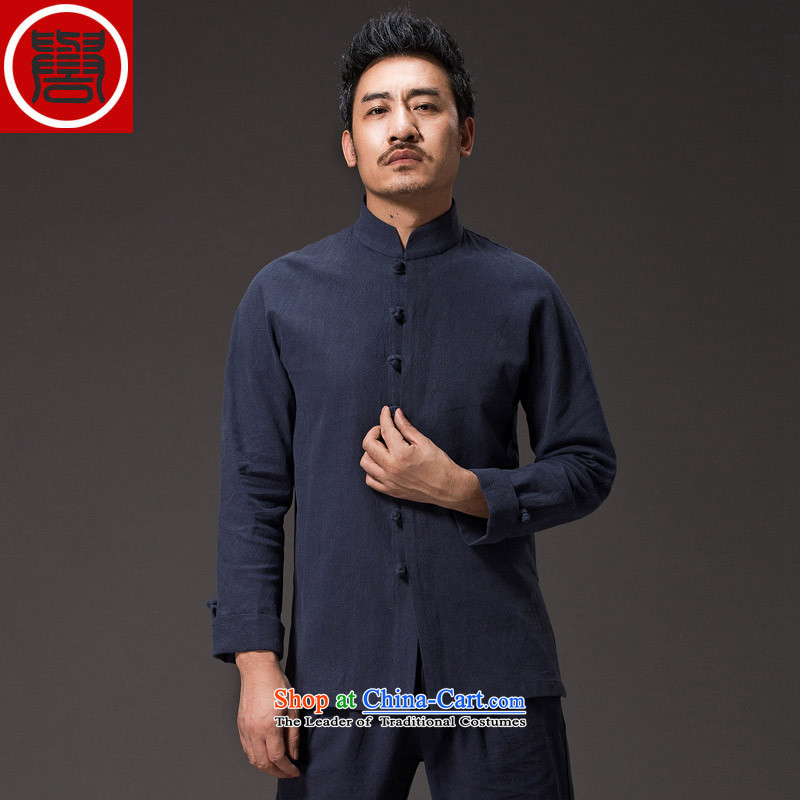 Renowned China wind men cotton linen garments of ethnic Chinese shirt men Sau San disk tie long sleeved shirt collar of the Chinese Tang dynasty blue XXL, improved renowned (CHIYU) , , , shopping on the Internet