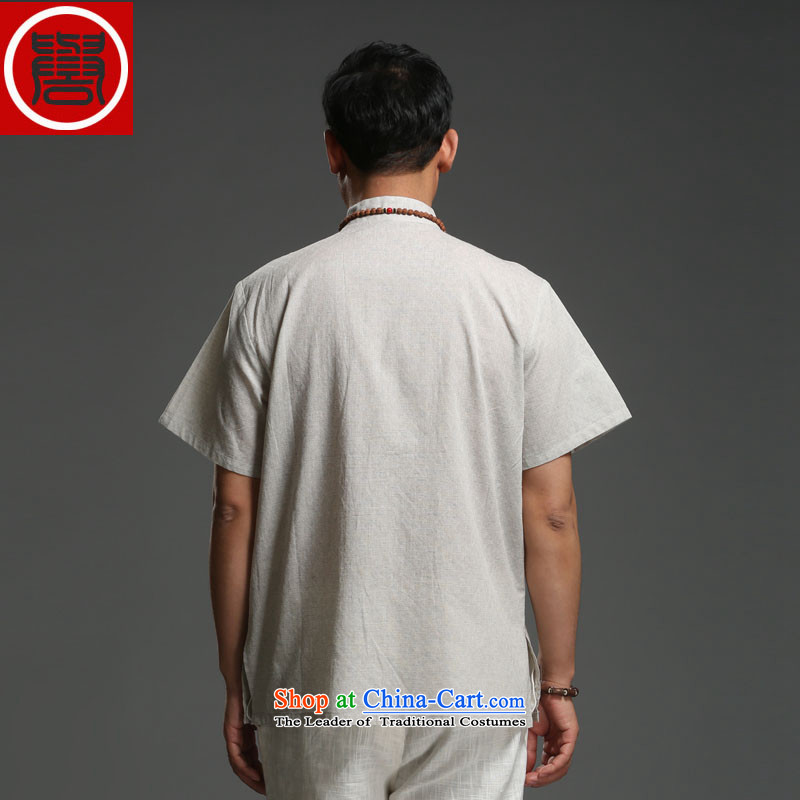 Renowned Tang Dynasty Men's Mock-Neck men casual cotton linen short-sleeved men pure color Tang dynasty breathable T-shirt for summer New Light Gray Movement (185), renowned (CHIYU) , , , shopping on the Internet