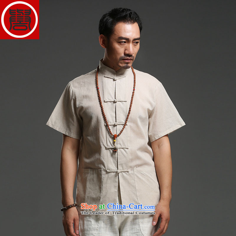 Renowned Tang Dynasty Men's Mock-Neck men casual cotton linen short-sleeved men pure color Tang dynasty breathable T-shirt for summer New Light Gray Movement (185), renowned (CHIYU) , , , shopping on the Internet